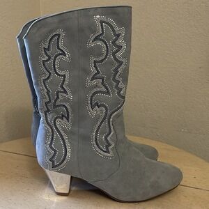 Gray Rhinestone Embellished Western Cowboy Cowgirl Boots Heel 7.5